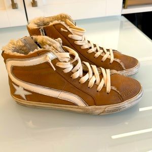 Golden Goose Leather High-Top Sneakers with Shearling Lining - Tan / White